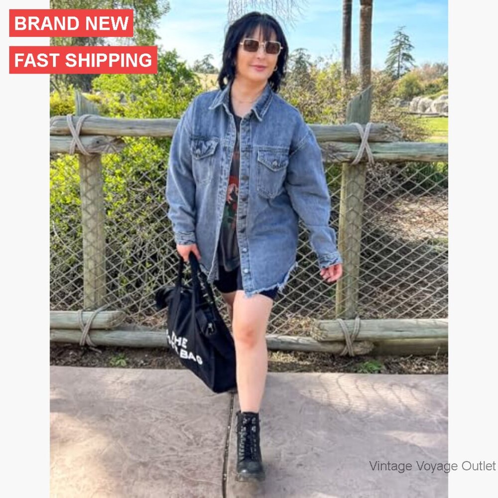 Oversized Denim Jacket With Button Front Frayed H… - image 5